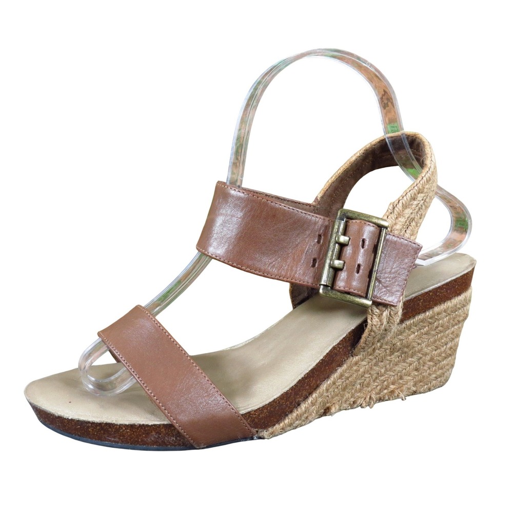 Me Too Knock Women Wedge Sandal Size 8M‎ Casual Summer Espadrille Brown Leather